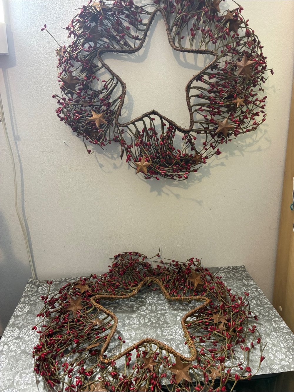 Primitive Red and Burgundy Pip Berry Wreaths with Rusty Tin Stars